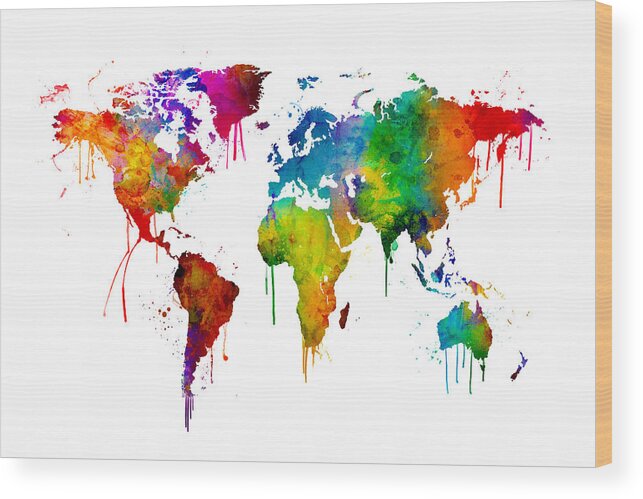 A Bright And Colorful Watercolor World Map. Wood Print featuring the digital art Watercolor Map of the World Map by Michael Tompsett