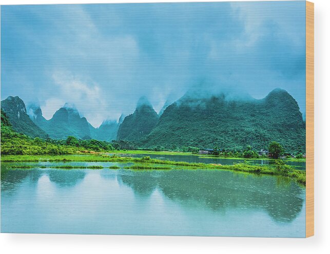 Karst Wood Print featuring the photograph Karst rural scenery in raining #7 by Carl Ning