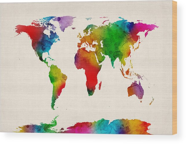 World Map Wood Print featuring the digital art Watercolor Map of the World Map #8 by Michael Tompsett
