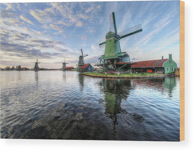 Zaanse Schans Windmills Holland Netherlands Wood Print featuring the photograph Zaanse Schans Windmills Holland Netherlands #9 by Paul James Bannerman
