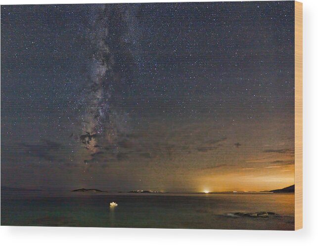 Boat Wood Print featuring the photograph A boat under the Milky Way in Andros - Greece by Constantinos Iliopoulos