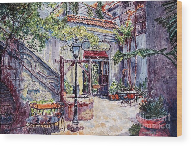 Barbara's Cafe Wood Print featuring the painting Cafe by the Hotel, Intramuros, Manila by Joey Agbayani