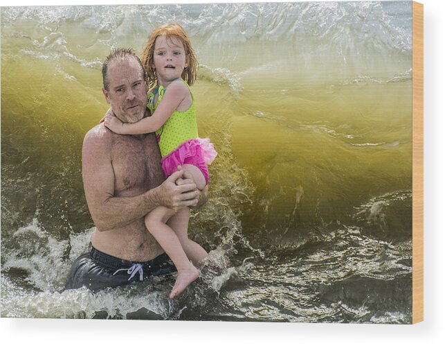 Beach Wood Print featuring the photograph A Father, A Daughter, and A Big Wave by WAZgriffin Digital