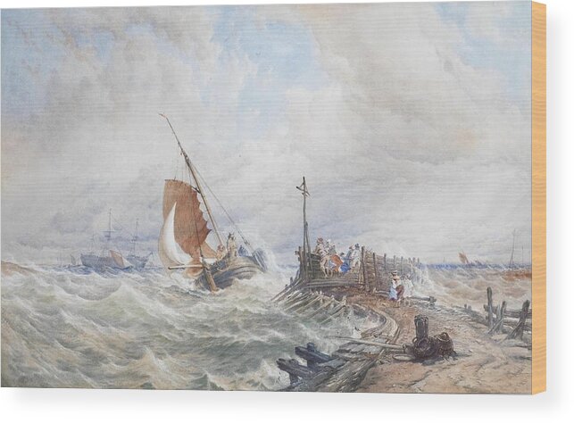 Thomas Sewell Robins Wood Print featuring the painting A fishing smack entering harbour by Thomas Sewell