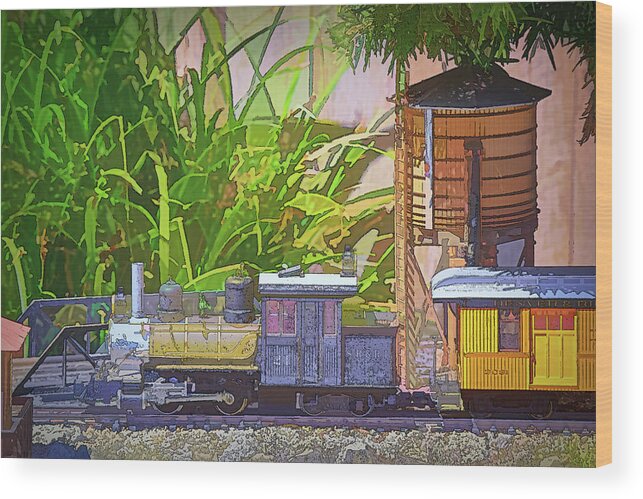 Linda Brody Wood Print featuring the digital art A Forney pulling a Sierra Coach Passes A Water Tower Abstract 1 x by Linda Brody