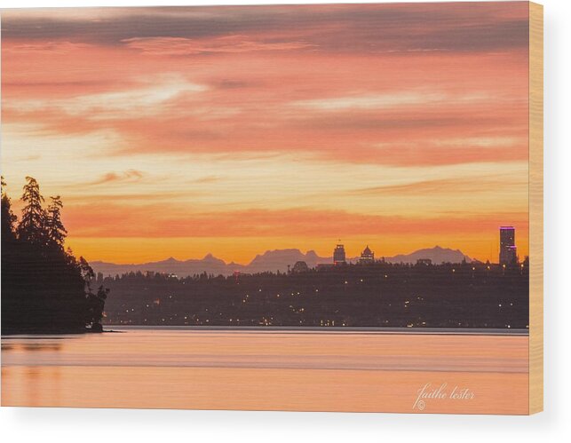 Sunrise; Orange Sky; Sun Reflected In Clouds; West Seattle; Blake Island; Yukon Harbor; Puget Sound; Cascade Mountains; Silhouettes; Shimmering Waters; Calm Waters; A Glaze Of Orange; E Faithe Lester; Faithe Lester; Faith Lester Wood Print featuring the photograph A Glaze of Orange by E Faithe Lester