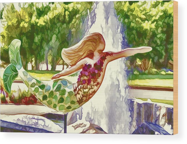 Mermaid Wood Print featuring the painting A mermaid in a norfolk botanical gardens 1 by Jeelan Clark