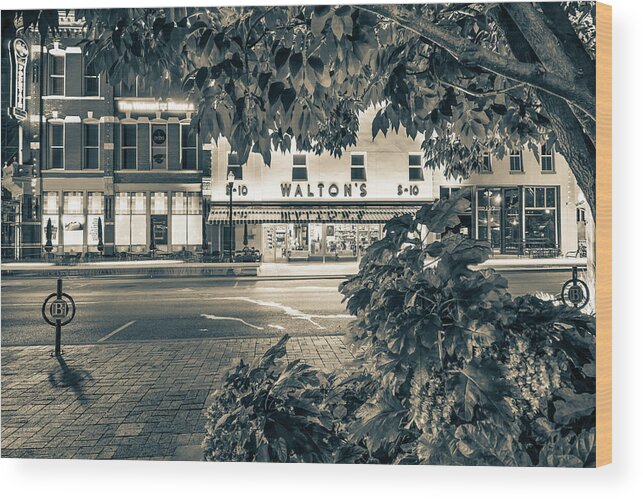 America Wood Print featuring the photograph A Night On The Bentonville Arkansas Square Sepia Black White by Gregory Ballos