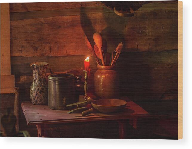 Log Cabin Wood Print featuring the photograph A Single Candle by Randall Evans