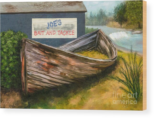 Abandoned Wood Print featuring the painting Painting of Abandoned and Rotted out Boat  by Sherry Curry