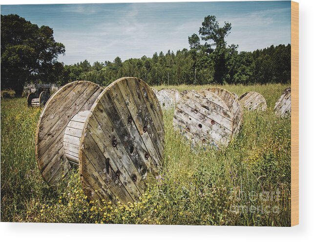 Cable Wood Print featuring the photograph Abandoned Cable Reels by Carlos Caetano