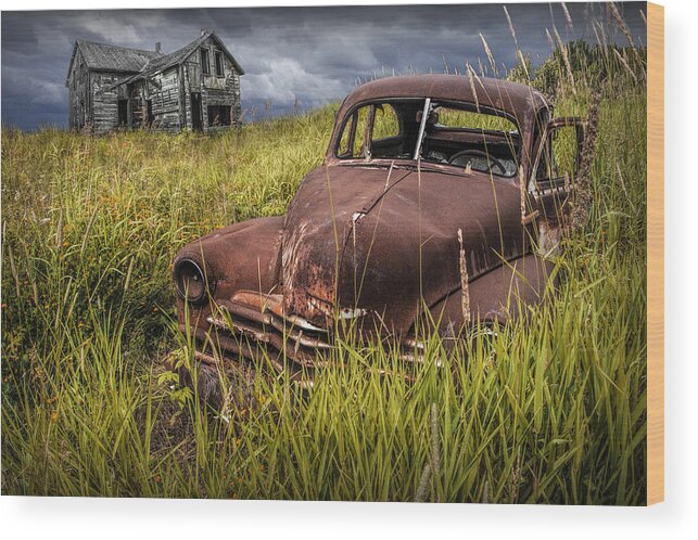 Automobile Wood Print featuring the photograph Abandoned Vintage Car and Farm Homestead by Randall Nyhof