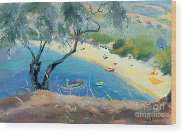 Landscape; Greek; Aegean; Beach Scene; Olive Tree; Boats Wood Print featuring the painting Achladies Bay - Skiathos - Greece by Anne Durham