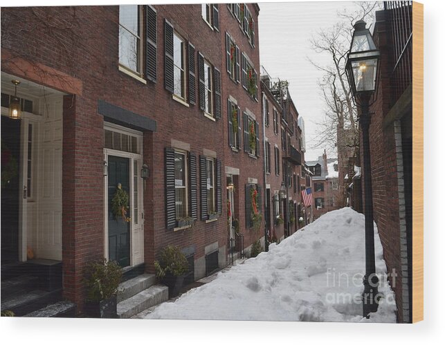 Boston Wood Print featuring the photograph Acorn Street in the Snow by Leslie M Browning