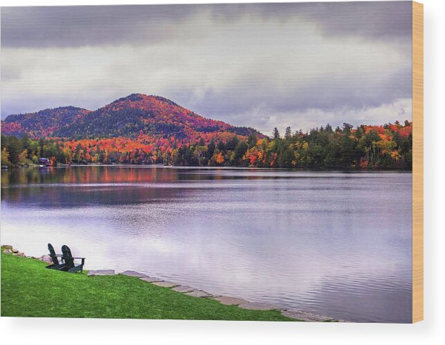 Mirror Wood Print featuring the photograph Adirondack Chairs in the Adirondacks. Mirror Lake Lake Placid NY New York Mountain by Toby McGuire