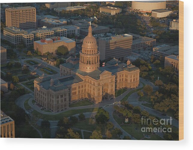 Helicopter Wood Print featuring the photograph Aerial view of the Texas State Capitol facing North by Dan Herron