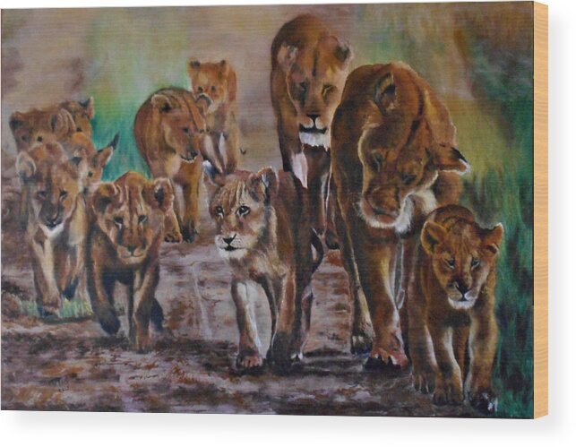 Lions Wood Print featuring the painting Afternoon Stroll by Maris Sherwood