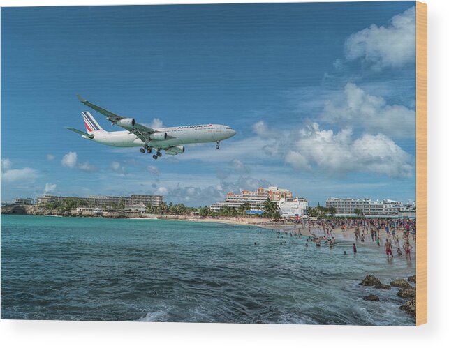 Air France Wood Print featuring the photograph Air France A340 landing at St. Maarten Airport by David Gleeson
