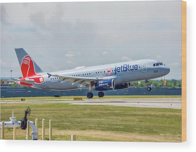 Air Travel Wood Print featuring the photograph Airbus A320 Boston Strong by Guy Whiteley
