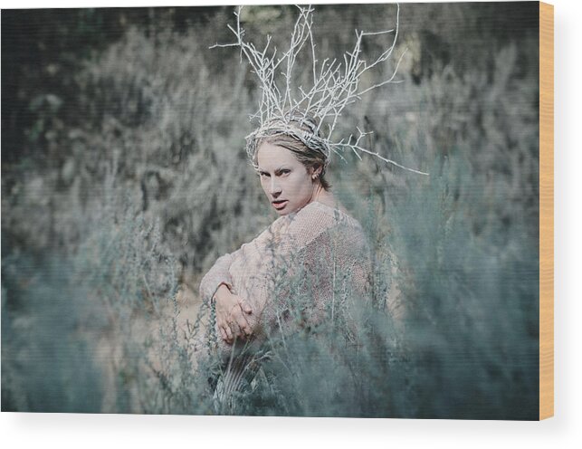 Woman Wood Print featuring the photograph Albino in the Forest 1. Prickle Tenderness by Inna Mosina