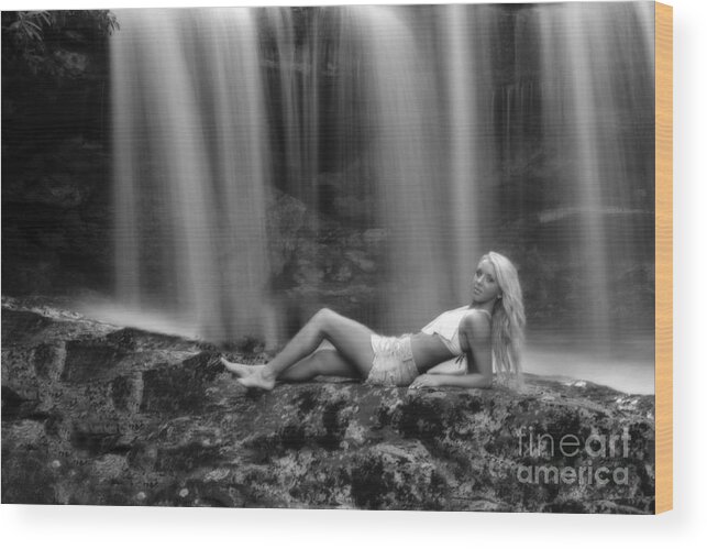 Waterfall Wood Print featuring the photograph Ally laying down in front of waterfall by Dan Friend
