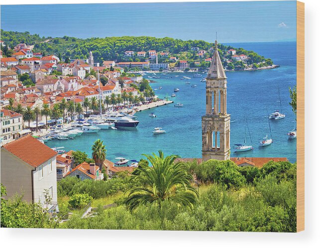 Panorama Wood Print featuring the photograph Amazing town of Hvar harbor aerial view by Brch Photography