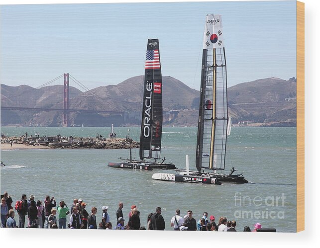 Wingsdomain Wood Print featuring the photograph America's Cup Racing Sailboats in The San Francisco Bay 5D18253 by San Francisco