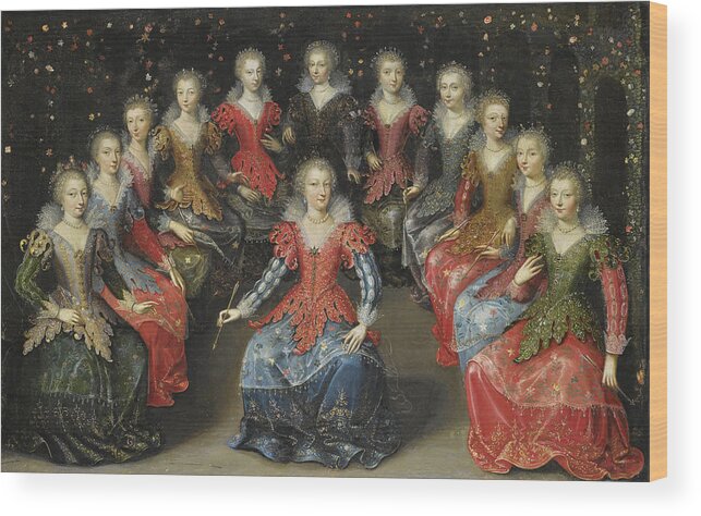 Attributed To Claude Deruet Wood Print featuring the painting An Allegory of Love? Twelve Noblewomen seated in a Garden, each holding an Arrow by Attributed to Claude Deruet