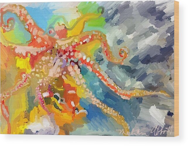 Octopus Wood Print featuring the painting An Octopus Lunch inspired this painting of an Octopus by Melissa Abbott