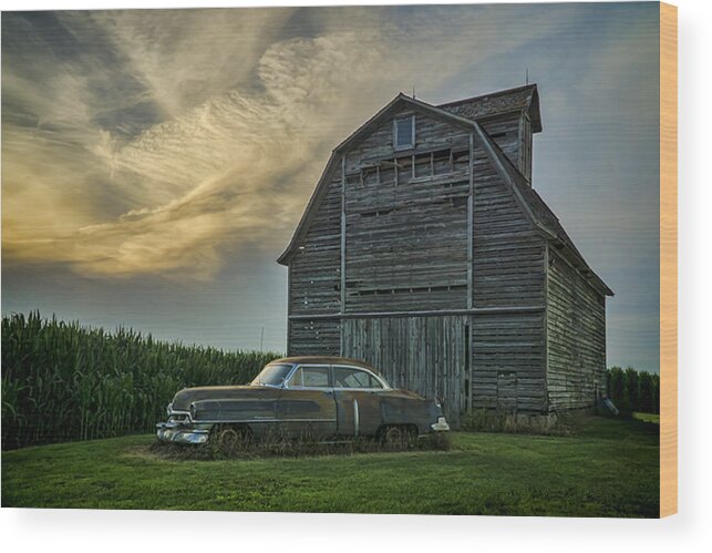 Cadillac Wood Print featuring the photograph An Old Cadillac by a barn and cornfield by Sven Brogren