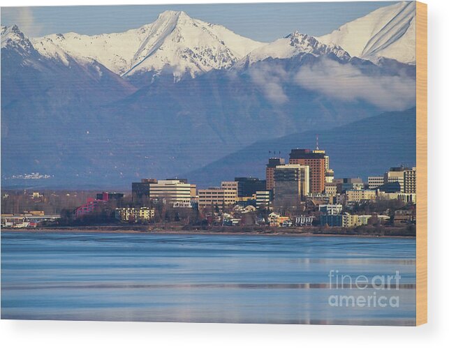 Alaska Wood Print featuring the photograph Anchorage Alaska Skyline with Cook Inlet by Kimberly Blom-Roemer