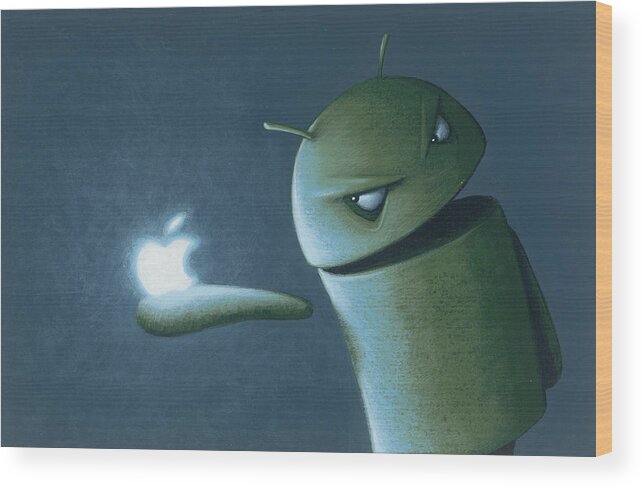 Android Wood Print featuring the painting Android vs Apple by Jasper Oostland