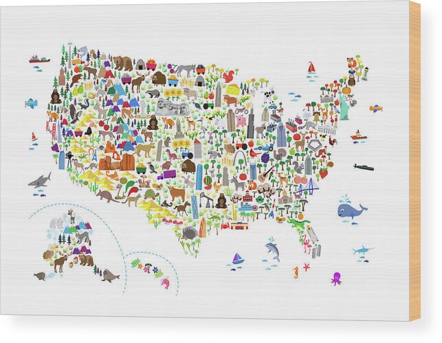 Usa Map Wood Print featuring the digital art Animal Map of United States for children and kids by Michael Tompsett