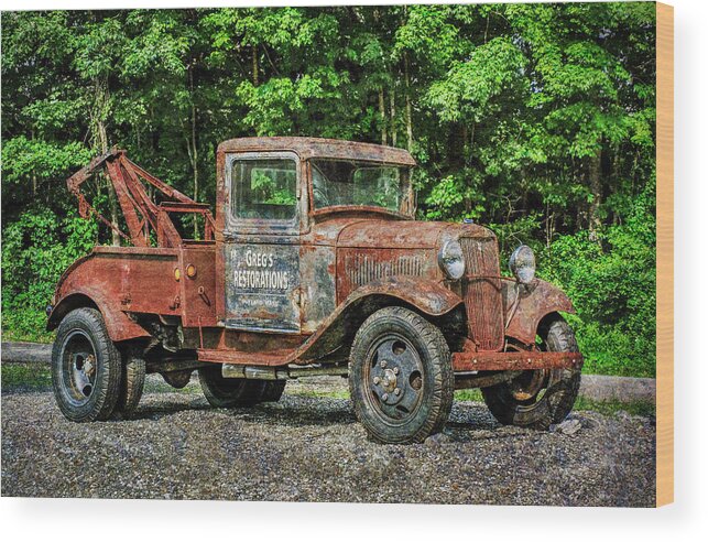 Antique Wood Print featuring the photograph Antique Tow Truck Signage by Betty Denise