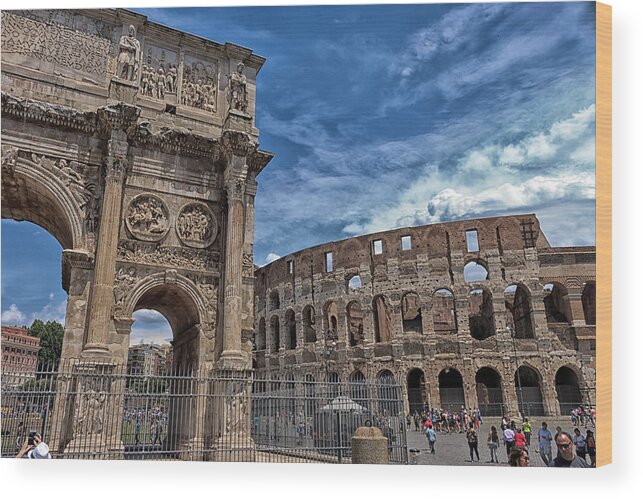 Ancient Wood Print featuring the photograph Arch of Constantine and Roman Colosseum by Travis Rogers