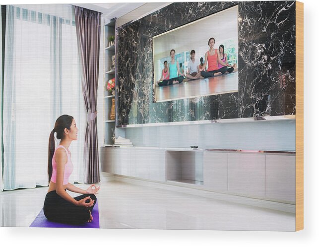 Home Wood Print featuring the photograph Asian lady start to training Yoga by follow coach by Anek Suwannaphoom