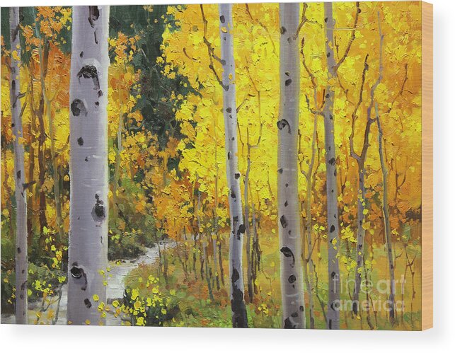 Aspen Stream Over Aspen Mountains Landscape Scenic Nature Fall Sky Aspen Trees Fall Foliage Wood Print featuring the painting Aspen Stream by Gary Kim