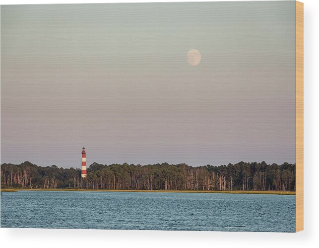 Photosbymch Wood Print featuring the photograph Assateague Light and the Full Moon by M C Hood