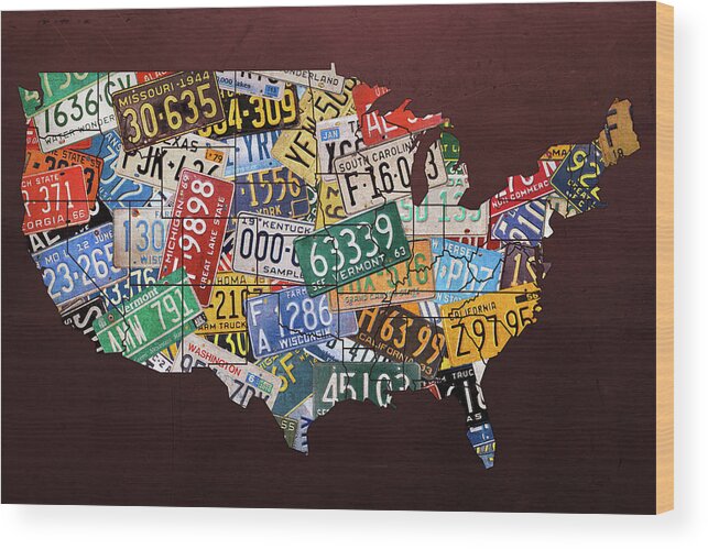 Assorted Wood Print featuring the mixed media Assorted Vintage License Plates from Around America Map on Reddish Steel by Design Turnpike