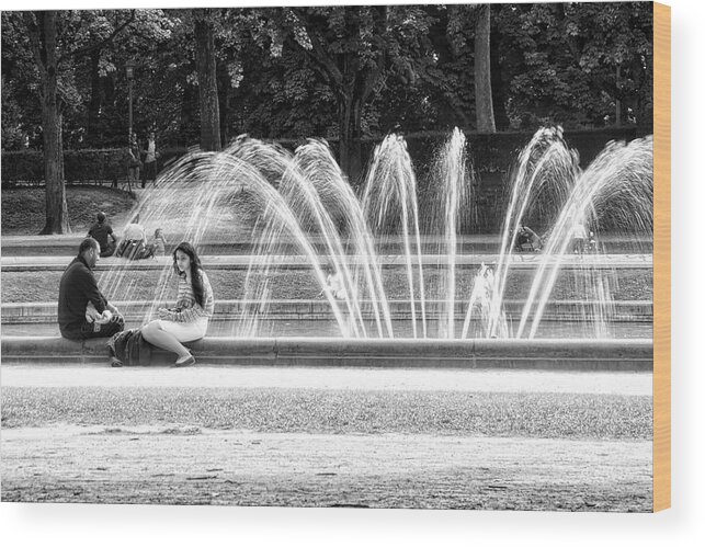 B&w Wood Print featuring the photograph At the Fountain by Ingrid Dendievel