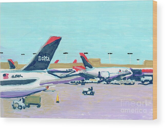 Atlanta International Airport Wood Print featuring the painting Atlanta Delta Planes by Candace Lovely