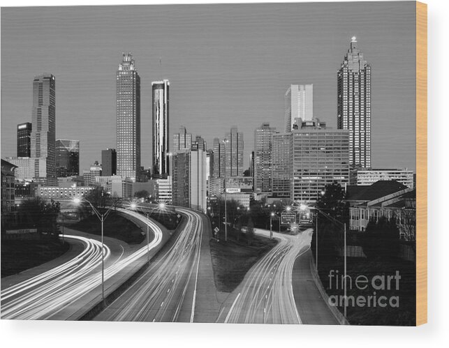 Atlanta Wood Print featuring the photograph Atlanta Skyline in Morning Downtown Light trails BW Black and white by Jon Holiday