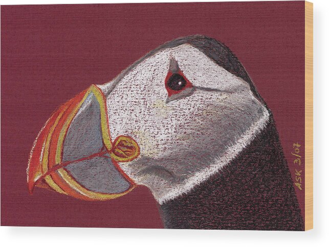 Puffins Wood Print featuring the drawing Atlantic Puffin Profile by Anne Katzeff
