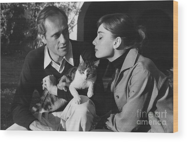 B&w Wood Print featuring the photograph Audrey Hepburn and Mel Ferrer by George Daniell