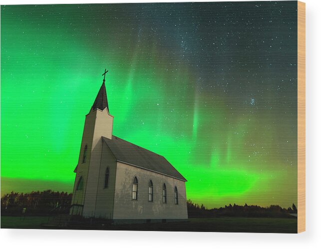 Aurora Borealis Wood Print featuring the photograph Aurora and Country Church by Dan Jurak