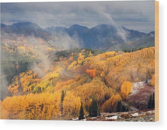 Landscape Wood Print featuring the photograph Autumn Color and Fog by Brett Pelletier