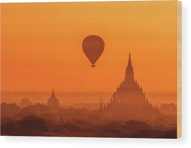  Wood Print featuring the photograph Bagan pagodas and hot air balloon by Pradeep Raja Prints