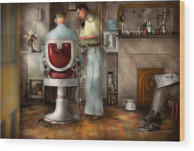 Rockwell Like Wood Print featuring the photograph Barber - Our family barber 1935 by Mike Savad