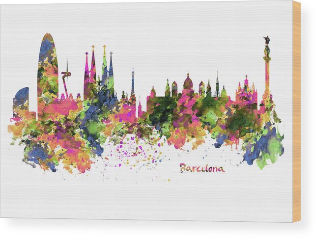 Marian Voicu Wood Print featuring the painting Barcelona Watercolor Skyline by Marian Voicu