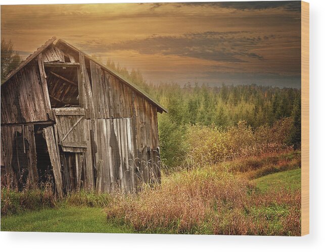 Old Barn Print Wood Print featuring the photograph Barn at Sunset Print by Gwen Gibson